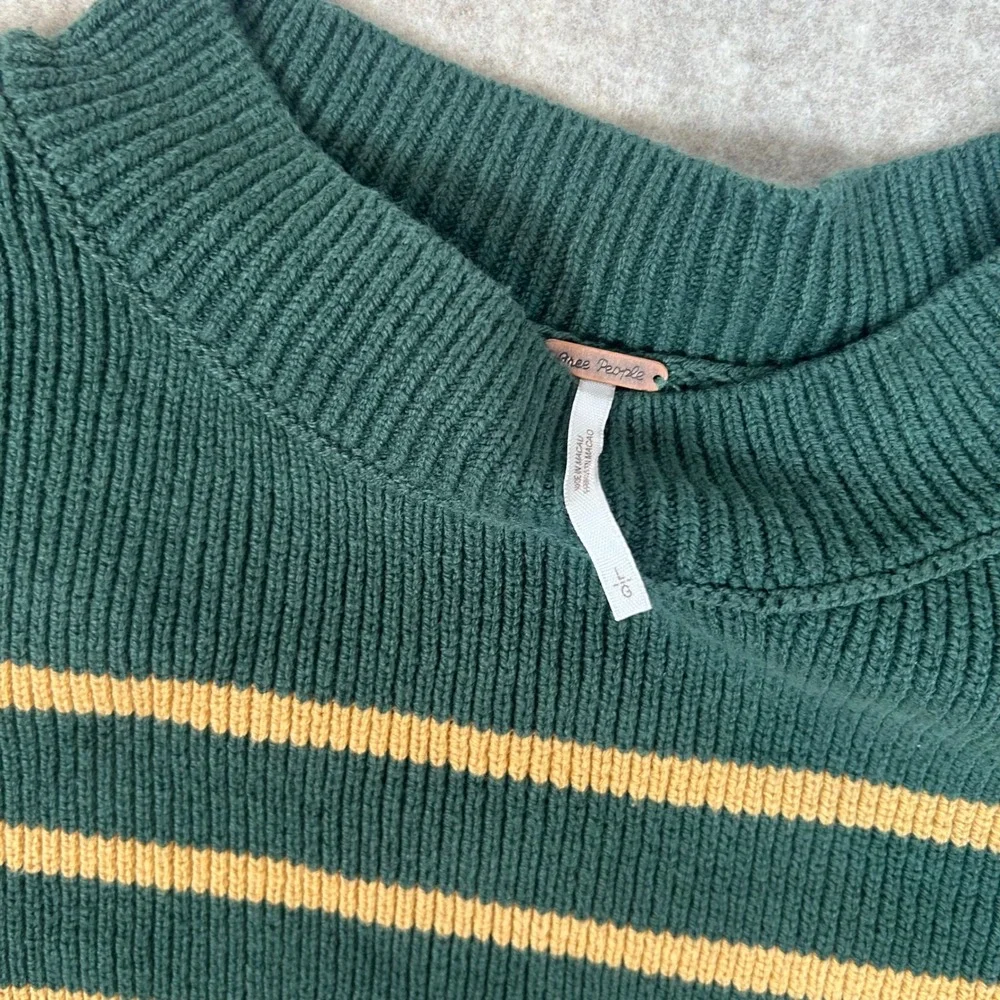 Free People Sweater Women Large Green Striped Cropped Mock Neck Balloon‎ Sleeve